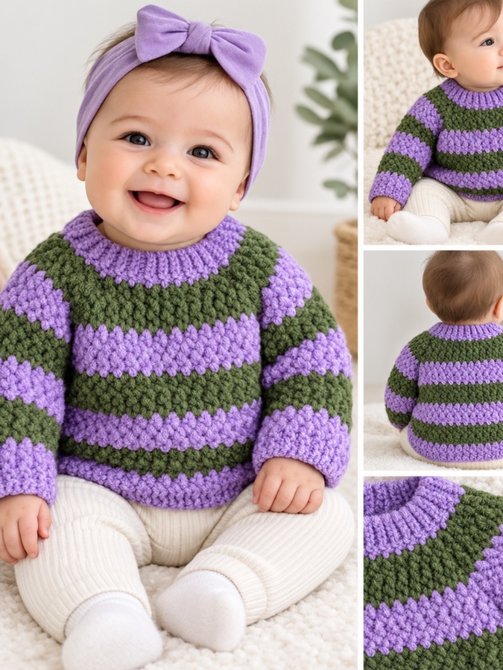 Crochet Baby Sweater, Purple & Olive Green Striped Pullover, Textured Crewneck